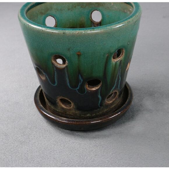 Vintage Handmade Ceramic Orchid Planter Pot w/ Drain Holes & Saucer Green Brown - Picture 5 of 8